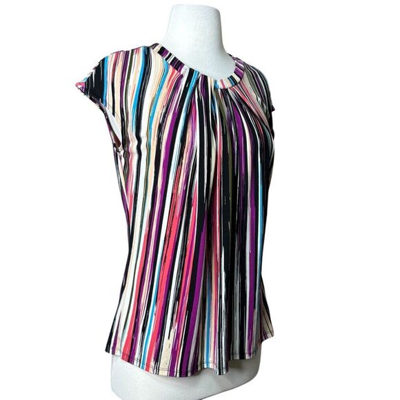Worthington Multi Color Striped Blouse Cap Sleeve Size Medium Womens - Picture 2 of 7